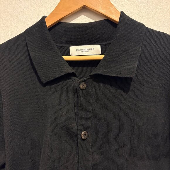 Le17Septembre spread collar button down shirt in black cotton blend rib - Picture 5 of 7